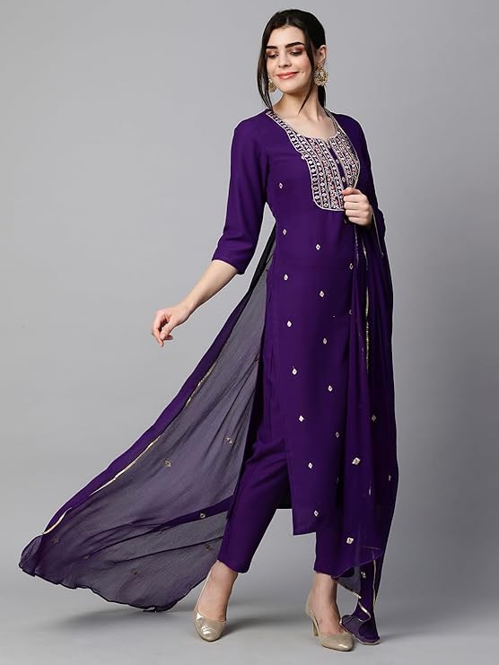 GoSriKi Women's Cotton Blend Embroidered Straight Kurta with Pant & Dupatta