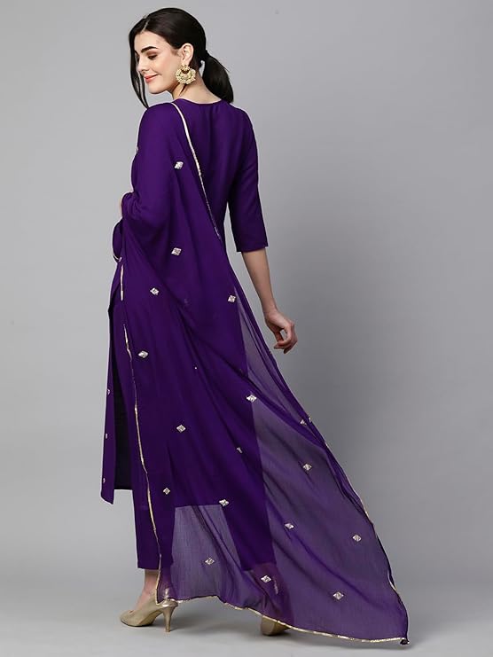 GoSriKi Women's Cotton Blend Embroidered Straight Kurta with Pant & Dupatta