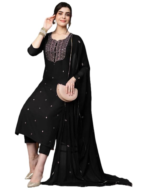 GoSriKi Women's Cotton Blend Embroidered Straight Kurta with Pant & Dupatta